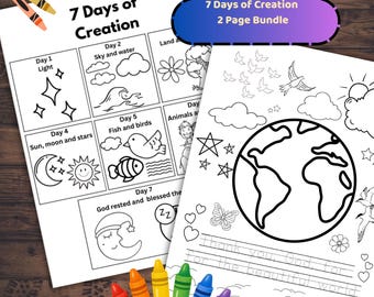 May include: A 7 Days of Creation 2 page bundle coloring sheet set featuring black and white line art illustrations of the creation story, including a globe, stars, clouds, and text that reads 7 Days of Creation and Thank you, God, for the beautiful world.