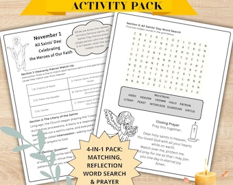 May include: An All Saints' Day activity pack featuring two printed sheets with black text and illustrations. The pages include a Heavenly Patron match-up, a Litany of the Saints reflection, a word search puzzle, and a closing prayer with an angel graphic.