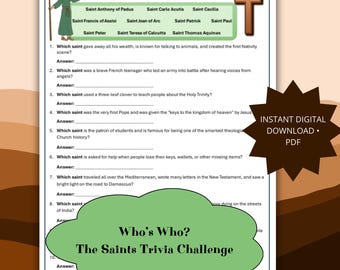 May include: A printable trivia worksheet titled Who's Who? The Saints Trivia Challenge. It features a word bank of saint names, a brown cross icon, and ten numbered questions about various saints, with blank lines provided for written answers.