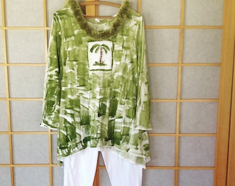 Neutral tones tunic long sleeve hand painted top cotton t shirt high low hem S-3X  kauai hawaii loose fit top