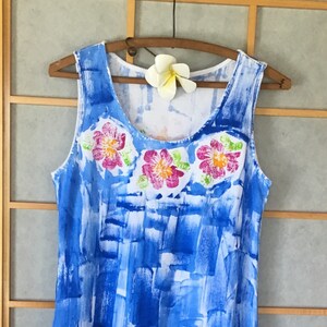 hibiscus lei on blue tank cotton jersey hand painted dress