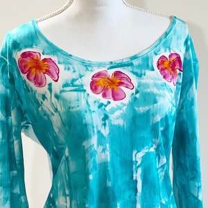 Light Cotton Tunic 3/4 sleeve S-3X Hand Painted Kauai Hawaii T shirt Woman Fashion Hawaiian Shirt plumeria lei