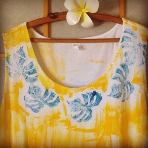 Cotton A line Dress Hand painted dress Kauai Hawaii dress cotton S-3X orange yellow dress tank or short sleeve beach cover up monstera lei