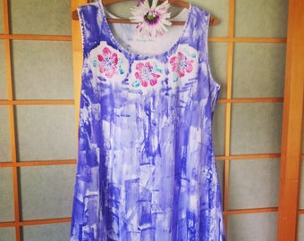 Hand Painted A Line Cotton Dress Blue Dress Floral Cover Up S-3X Kauai Hawaii  Beach Dress Kauai Hawaii Dress