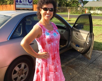 Cotton A Line Dress Hand Painted Dress Hawaii Kauai Dress S-3X Cover Up Beach Dress Tank or Short Sleeve Red Green Dress