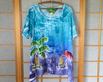 Hawaiian Shirt Hand Painted Tunic Beach Scene Blue Ombre S-3X Kaua'i Hawaii Cotton Top Tank or Short Sleeve Loose Fit