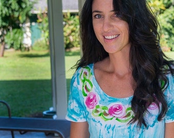 Rose Dress Hand Painted Cotton Dress S-3X Tank or Short Sleeve Hawaii Dress Kauai Hawaii Made Blue Dress A line dress