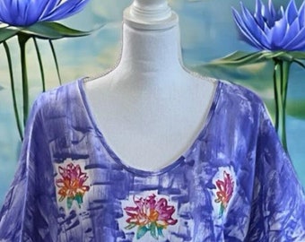 Cotton Lounge Dress S-3X  Pocket Midi Dress Hand Painted Dress Kauai Hawaii Dress Cozy Over Sized Dress Shirt tail hem