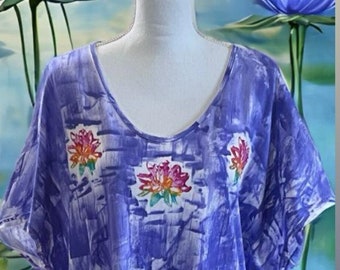 Cotton Lounge Dress S-3X  Pocket Midi Dress Hand Painted Dress Kauai Hawaii Dress Cozy Over Sized Dress Shirt tail hem