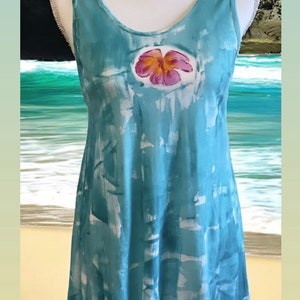 Best selling light cotton A line womens tunic comes in size S-3X.Hand painted from Kaua'i Hawaii. aqua tunic with plumeria