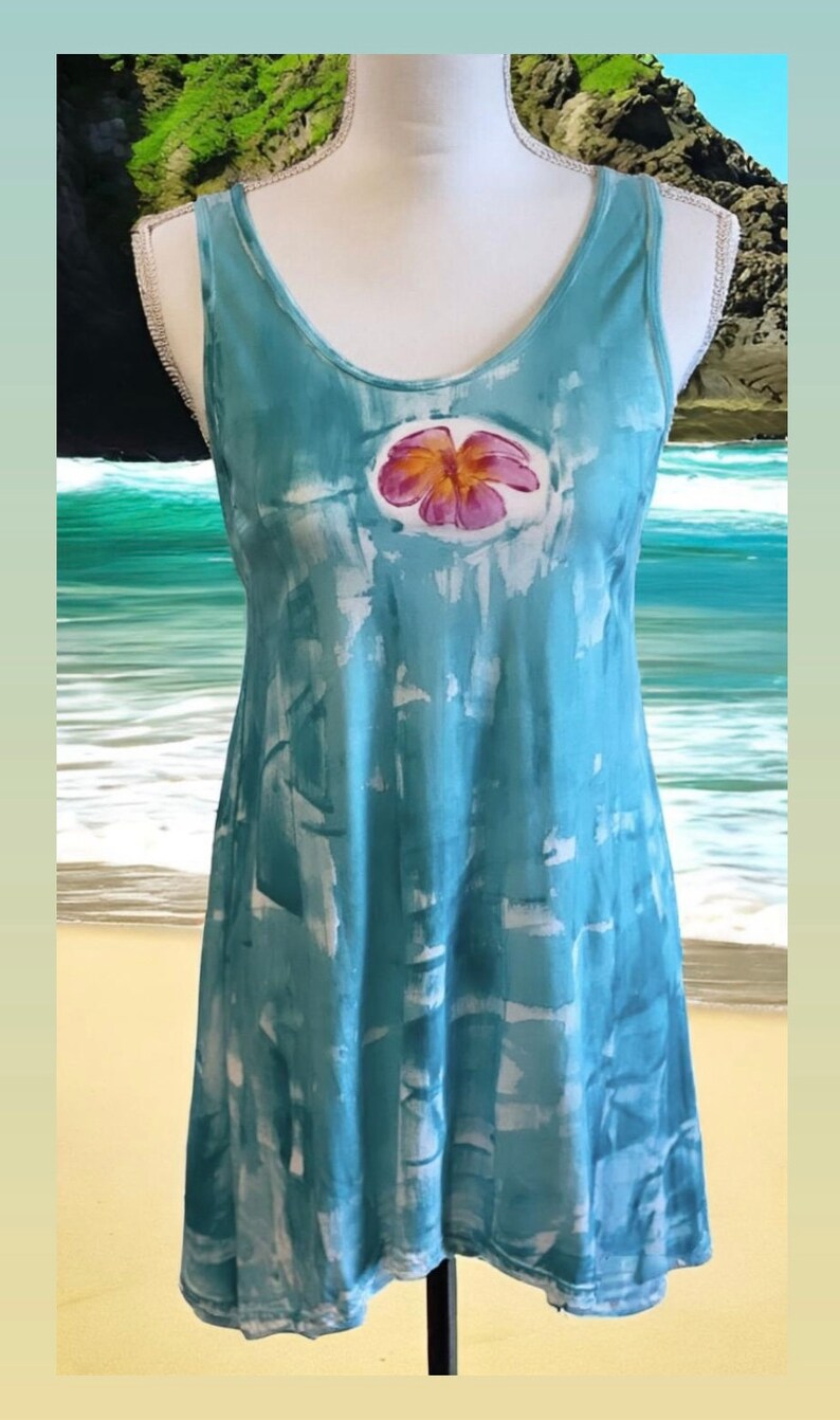 Best selling light cotton A line womens tunic comes in size S-3X.Hand painted from Kaua'i Hawaii. aqua tunic with plumeria