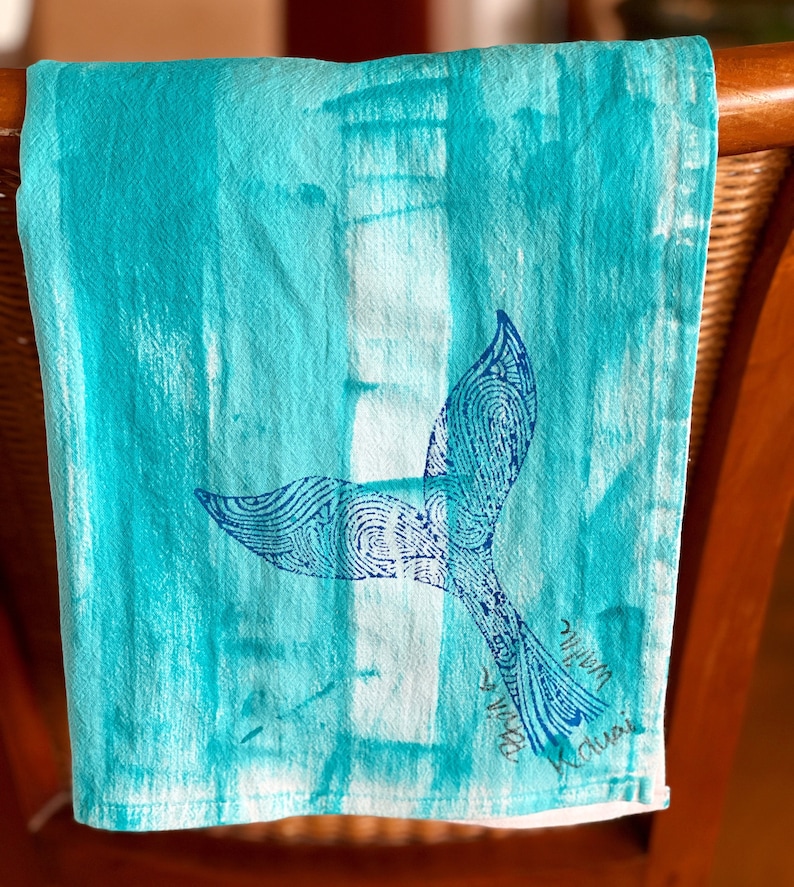 Hawaii Hand Painted Towels Best Selling Gift Kauai made gift Hawaii Decor Cotton Towels Flour Sack Towels Mothers Day whale tail on aqua