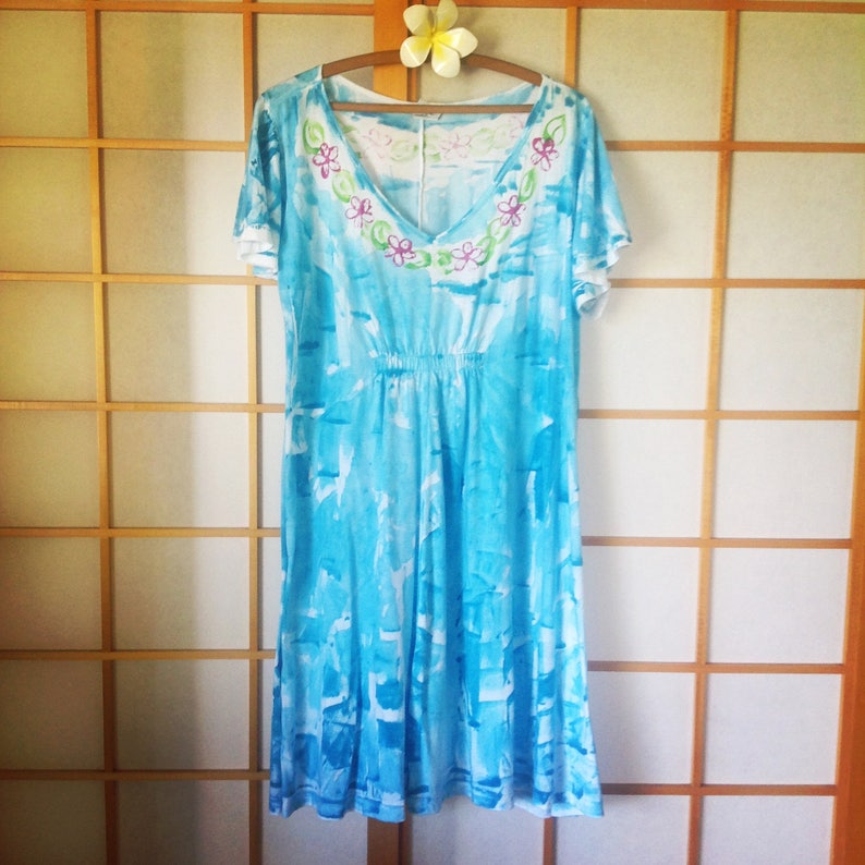 Empire Waist Dress Light Cotton Dress Hand Painted Dress XS-2X Hawaii Kauai Dress Fit and Flare Dress small plumeria