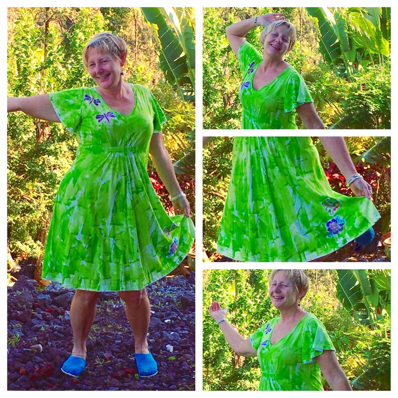 Empire Waist Dress Cotton Dress Hand Painted Dress Fits Petite to Plus Size Hawaii Kauai Dress Fit and Flare Dress