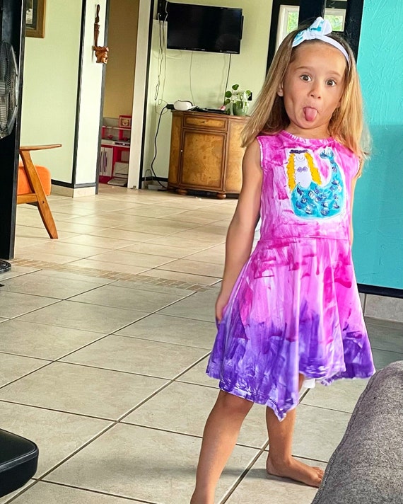 Toddler Girls Mermaid Cotton Twirl Dress, Hand Painted Pink Purple Kauai Hawaii Birthday