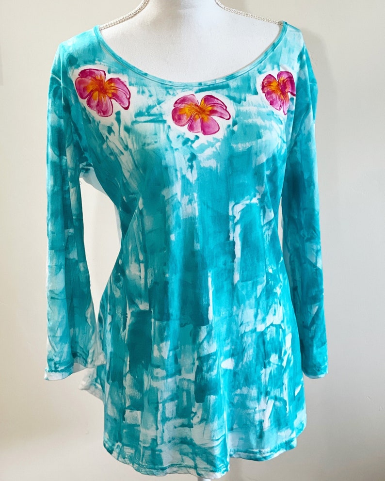 Light Cotton Tunic 3/4 sleeve S-3X Hand Painted Kauai Hawaii T shirt Woman Fashion Hawaiian Shirt plumeria lei