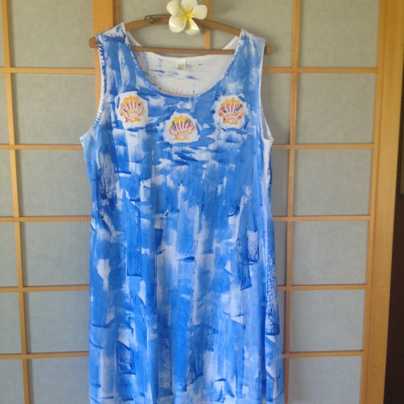 sunrise shell lei on blue tank dress hand painted from Kaua'i Hawaii