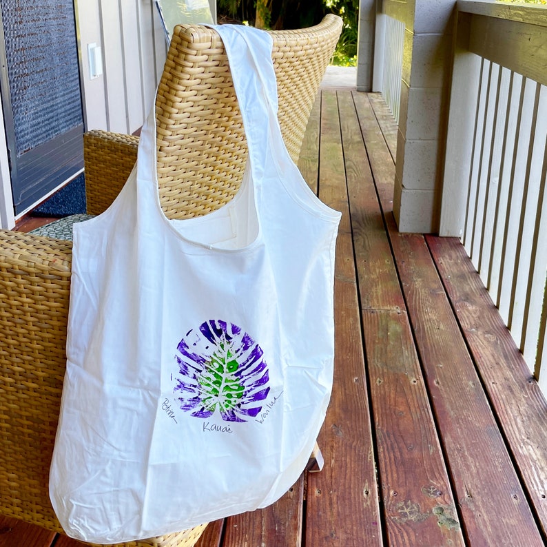 Hawaii gift Tote Bag Kauai Farmers Market Cotton Shopping Bag Hand Painted Bag Kauai Gift Beach Bag monstera bright