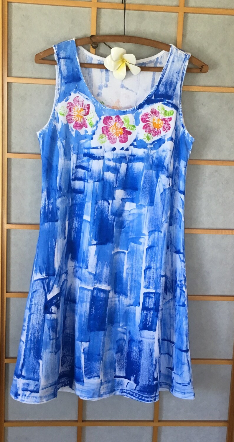 hibiscus lei on blue tank cotton jersey hand painted dress