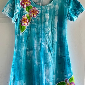 Cotton A line dress Hand Painted Clothing Woman Dress Cotton Cover Up S-3X Floral Dress Kauai Hawaii Dress Aqua w/ plumeria