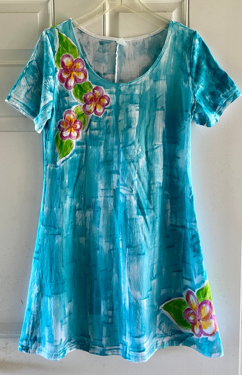 Cotton A line dress Hand Painted Clothing Woman Dress Cotton Cover Up S-3X Floral Dress Kauai Hawaii Dress Aqua w/ plumeria