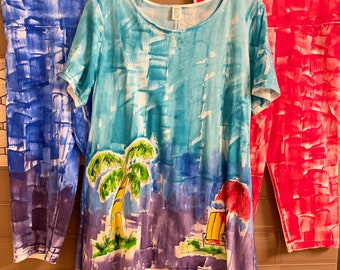 Chemise hawaïenne avec leggings, scène de plage tunique ombrée peinte à la main en bleu dégradé S-3X haut en coton Kaua'i Hawaii peint à la main