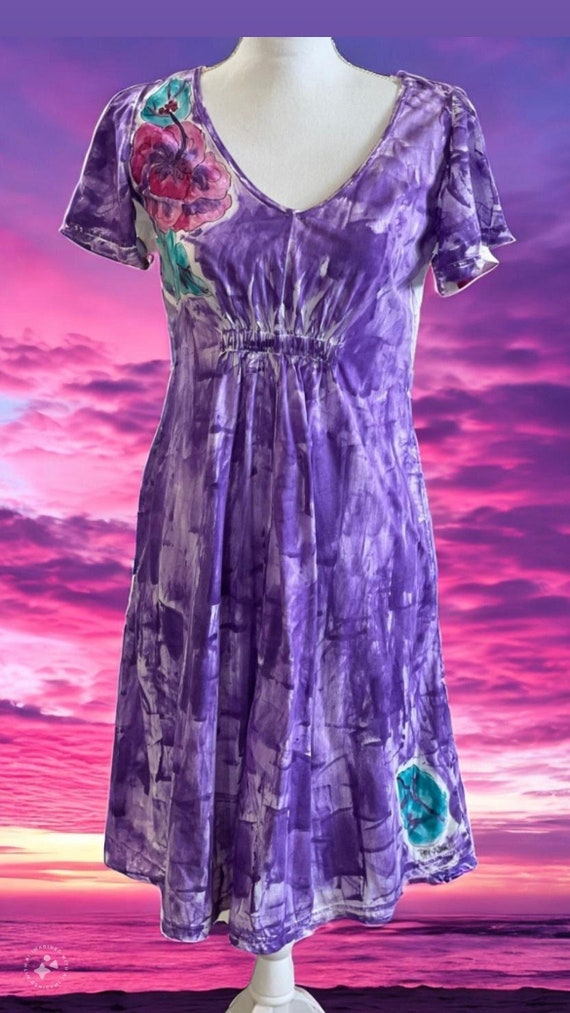 Hand Painted Empire Waist Cotton Dress: Butterfly Sleeve Kauai Fit & Flare Hand Painted Empire Waist Cotton Dress: Butterfly Sleeve Kauai Fit & Flare