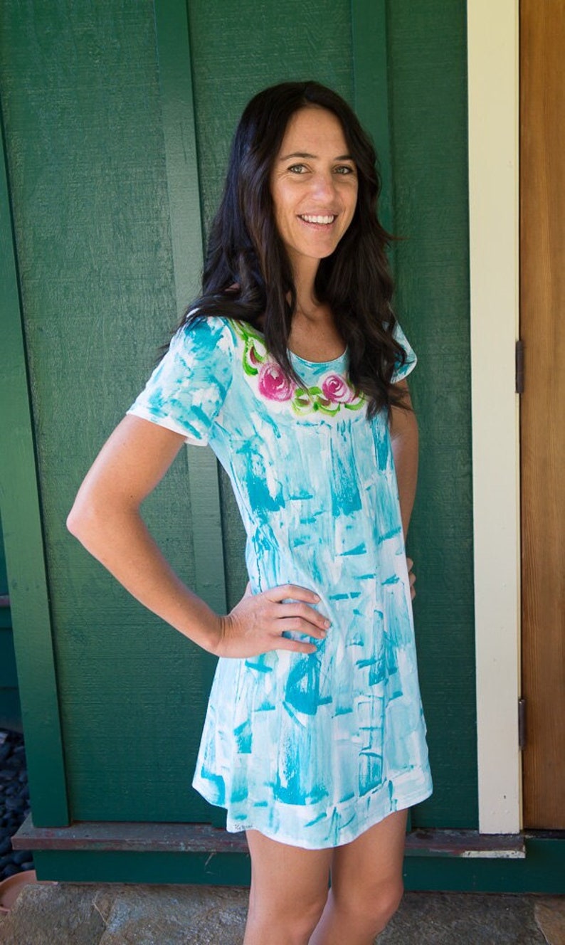 Rose lei on blue A line cotton jersey hand painted dress
