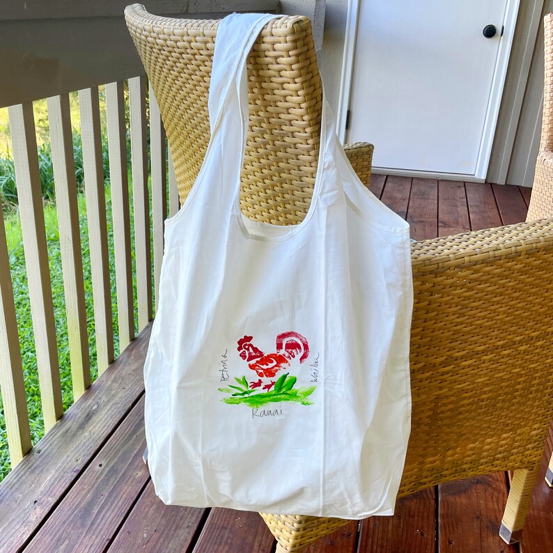 Hawaii gift Tote Bag Kauai Farmers Market Cotton Shopping Bag Hand Painted Bag Kauai Gift Beach Bag rooster