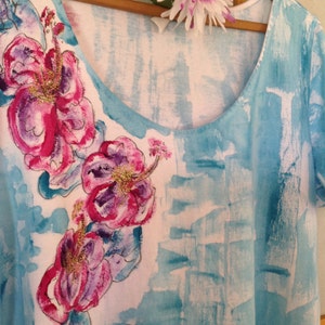 Cotton A line dress Hand Painted Clothing Woman Dress Cotton Cover Up S-3X Floral Dress Kauai Hawaii Dress Aqua w/ hibiscus