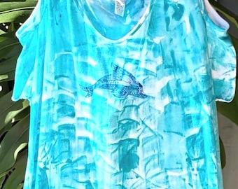 Hand-Painted Cold Shoulder Tunic: Hawaiian Loose Fit Cotton Plus Size Top