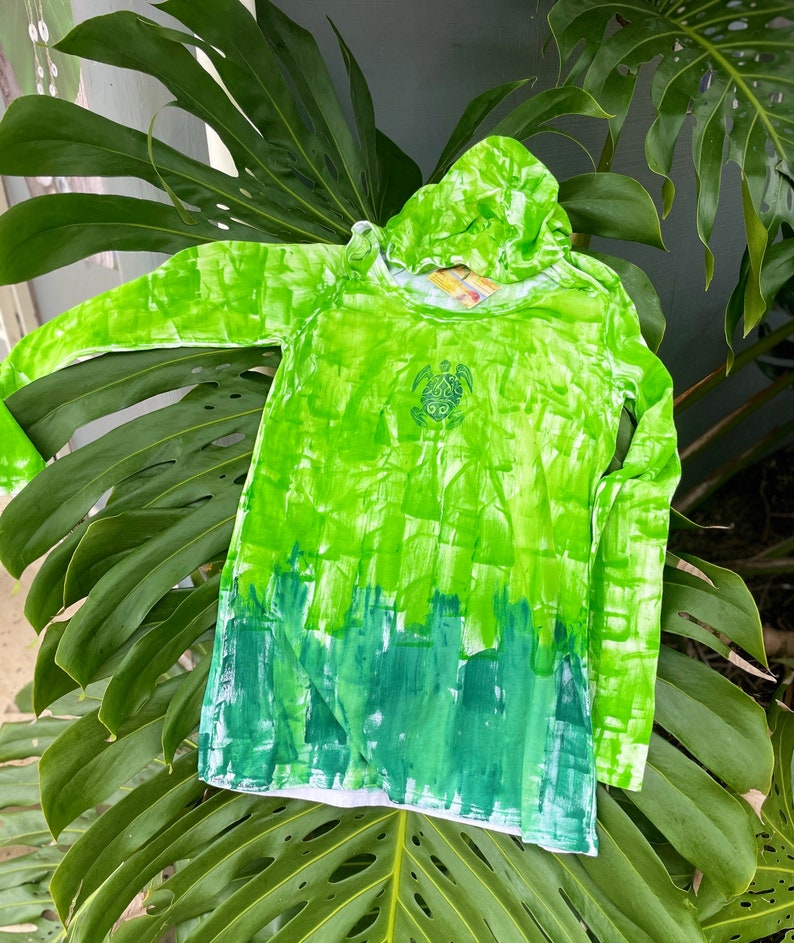 New thermal hoodie XS-3X Hand Painted Hoodie Cotton Rib Hoodie Ombre Hoodie Kauai Hawaii Hoodie Woman's Hoodie green ombre w/ honu