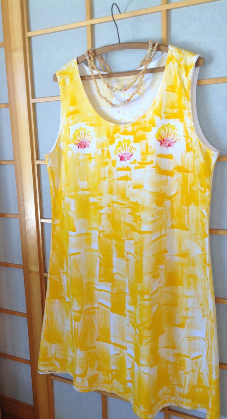 Cotton A line Dress Hand painted dress Kauai Hawaii dress cotton S-3X orange yellow dress tank or short sleeve beach cover up sunrise shell