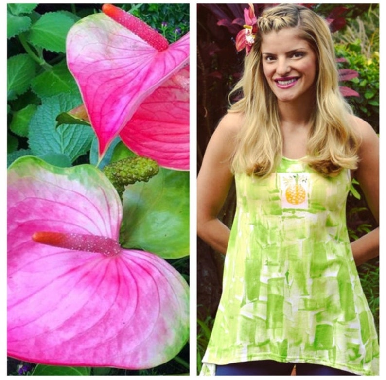 Green tunic with pineapple motif.