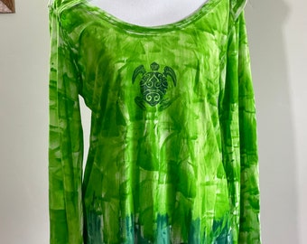 OOAK Sweat à capuche XL pour femme en coton côtelé, vert avec HONU en vente, prêt à être expédié, peint à la main Kauai Hawaii