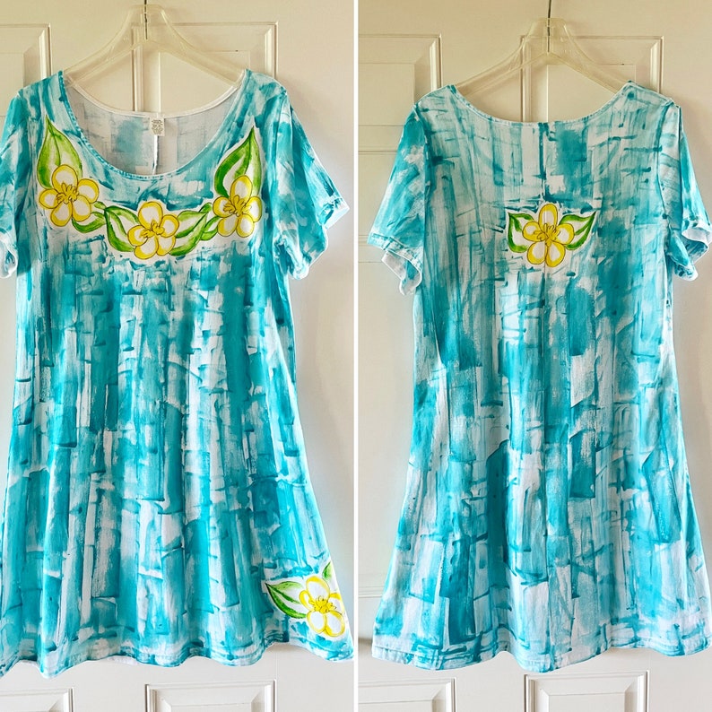Plumeria lei on aqua hand painted a one dress