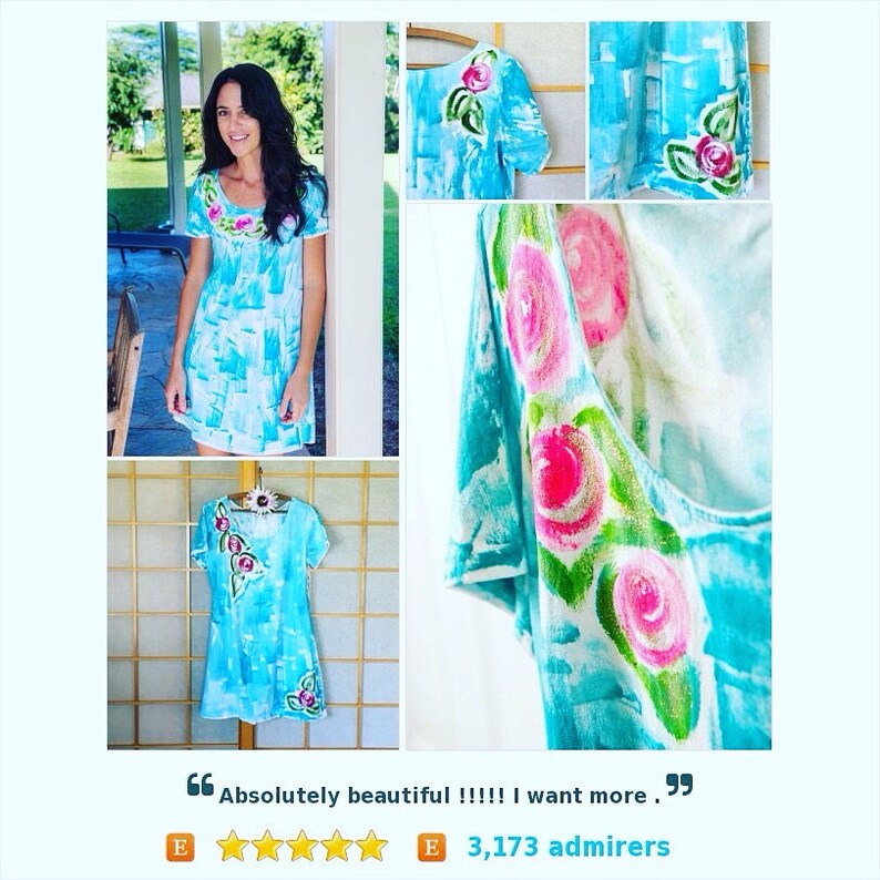 Review on this popular rose lei or draped rose on aqua hand painted cotton jersey dress a line dress