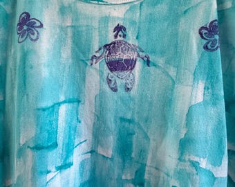 Spaghettiträger-Maxikleid aus luxuriöser Baumwolle, Aqua/Schildkrötenblumen/Handbemalt/Größe L/Kauai