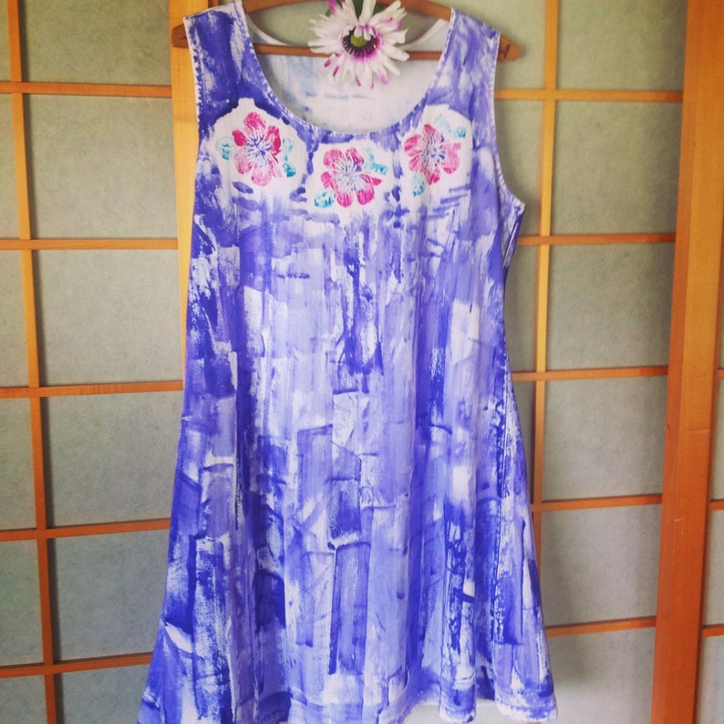 hibiscus lei on periwinkle hand painted cotton jersey tank dress