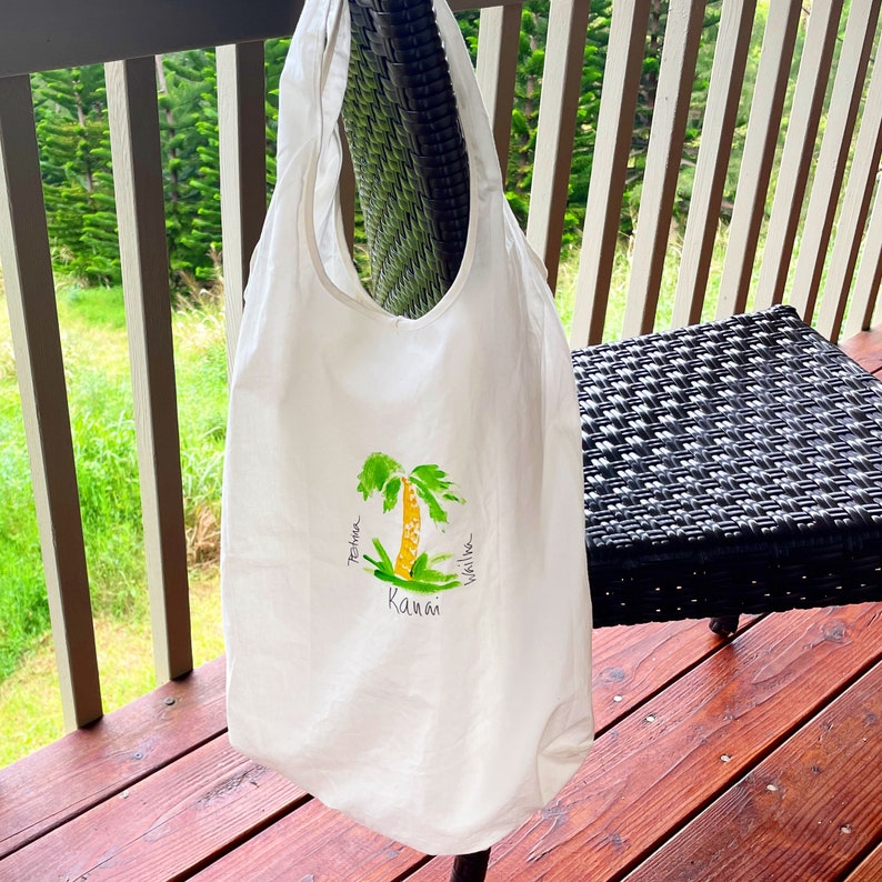 Hawaii gift Tote Bag Kauai Farmers Market Cotton Shopping Bag Hand Painted Bag Kauai Gift Beach Bag palm tree stamp