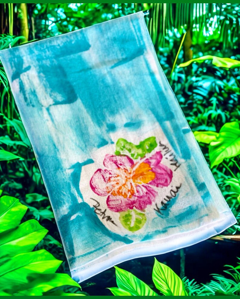 Hawaii Hand Painted Towels Best Selling Gift Kauai made gift Hawaii Decor Cotton Towels Flour Sack Towels Mothers Day hibiscus on aqua