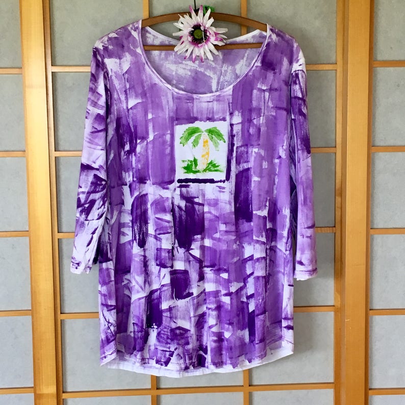 Light Cotton Tunic 3/4 sleeve S-3X Hand Painted Kauai Hawaii T shirt Woman Fashion Hawaiian Shirt palm tree