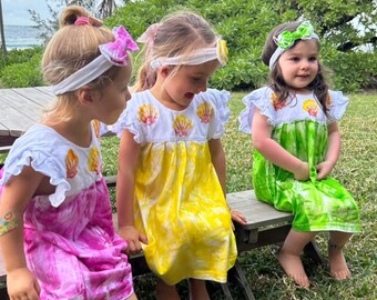 Cutest girls dress 2T-6  Hawaii dress hand painted cotton dress Kauai Hawaii dress pinafore dress ruffle sleeve dress