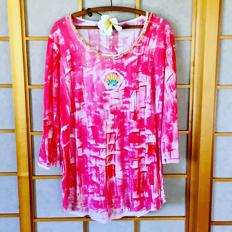 Light Cotton Tunic 3/4 sleeve S-3X Hand Painted Kauai Hawaii T shirt Woman Fashion Hawaiian Shirt sunrise shell