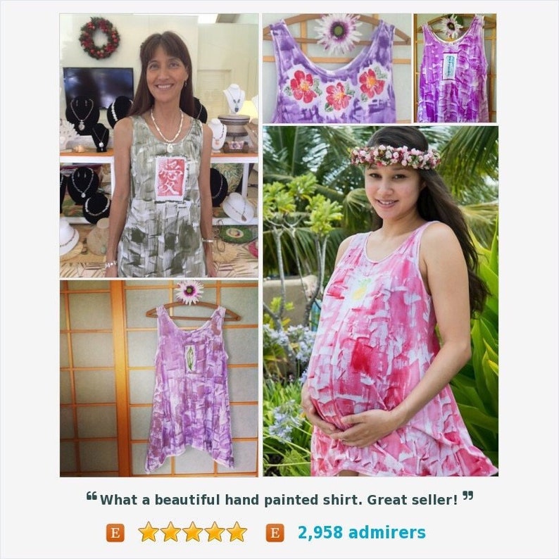 Tank tunic with elliptical hem shown in the love motif, feather motif, hibiscus lei and pineapple motif.