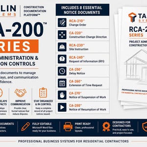 May include: A Taplin Systems RCA-200 Series project administration and construction controls document set. The graphic displays eight essential notice documents, including change orders and delay notices, with text detailing professional features.