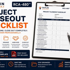 Könnte beinhalten: Ein Taplin Systems RCA-480 Projekt-Abschluss-Checklisten-Dokument auf einem Klemmbrett mit einem schwarzen Stift. Das Formular enthält Abschnitte für Projektabschluss, Inspektionen, Dokumentation, Garantien, Kundenübergabe und administrative Aufgaben.