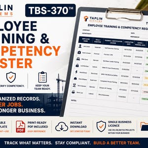 Puede incluir: Un documento Taplin Systems TBS-370 Employee Training & Competency Register en un portapapeles. El formulario incluye columnas para nombre del empleado, puesto, curso de formación, fechas y estado. Iconos y texto resaltan el seguimiento y cumplimiento.