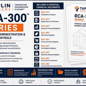 May include: The Taplin Systems RCA-300 Series construction documentation platform includes nine essential financial documents for project management. The set features editable Word files for tracking payments, budgets, allowances, and contingencies.
