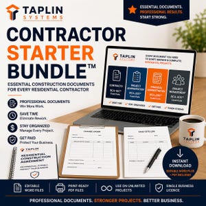 Puede incluir: Un paquete de inicio para contratistas Taplin Systems con una computadora portátil que muestra software de gestión, un contrato de construcción en espiral, una orden de cambio, un registro diario, un bolígrafo y una taza con Instant Download.